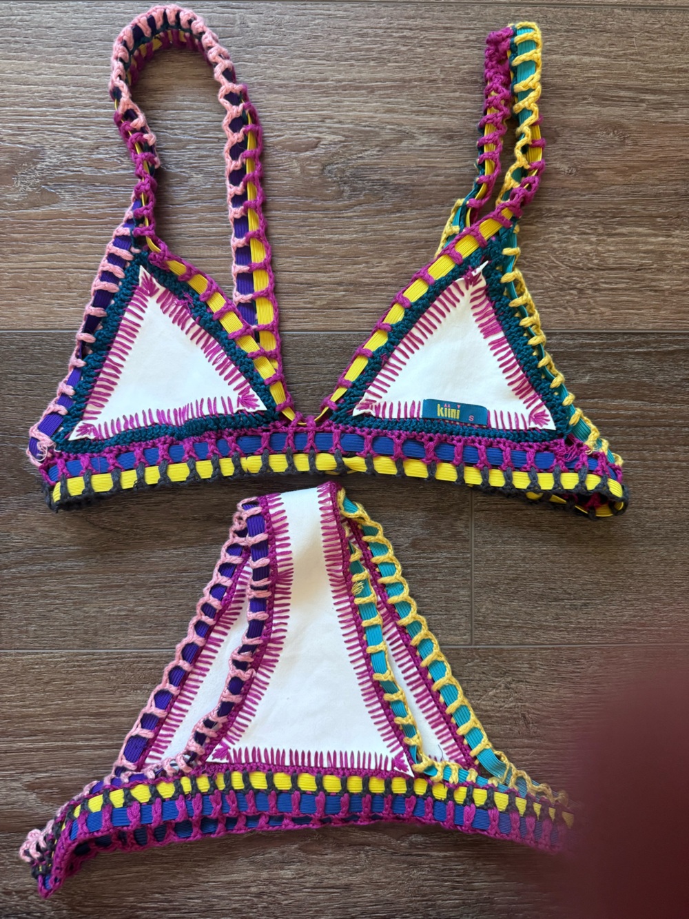 KIINI Crochet Trim White Bikini with Pink, Yellow, Teal & Purple Accents (Small) - Picture 3 of 6